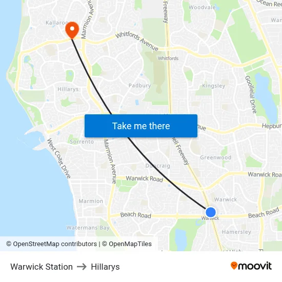 Warwick Station to Hillarys map
