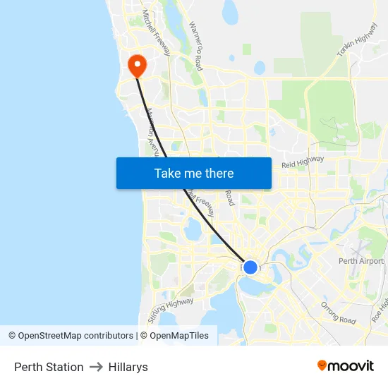 Perth Station to Hillarys map