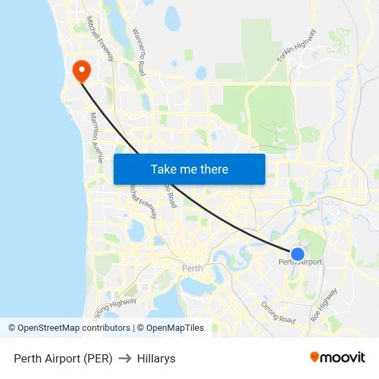 Perth Airport (PER) to Hillarys map
