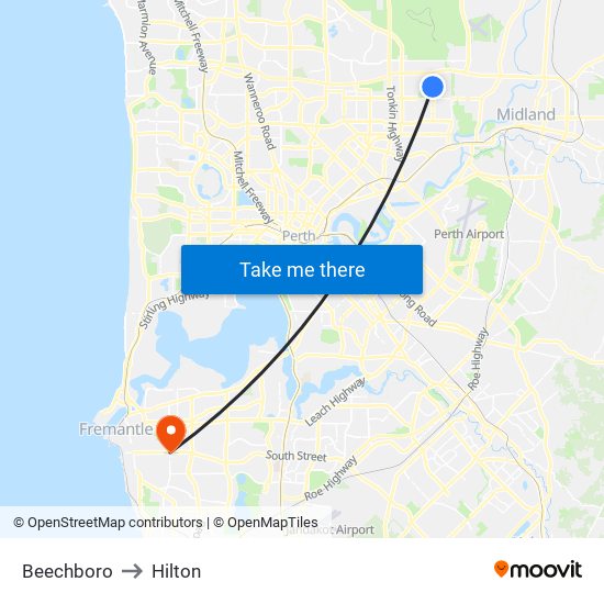 Beechboro to Hilton map