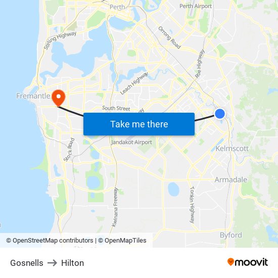 Gosnells to Hilton map