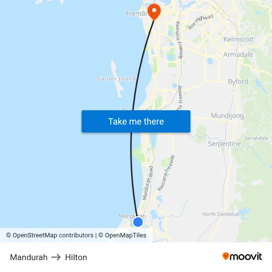 Mandurah to Hilton map