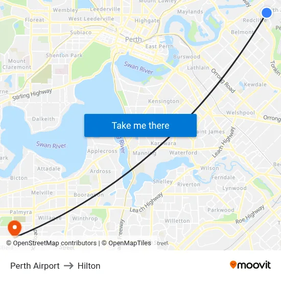 Perth Airport to Hilton map