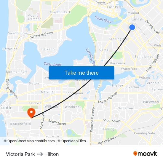 Victoria Park to Hilton map