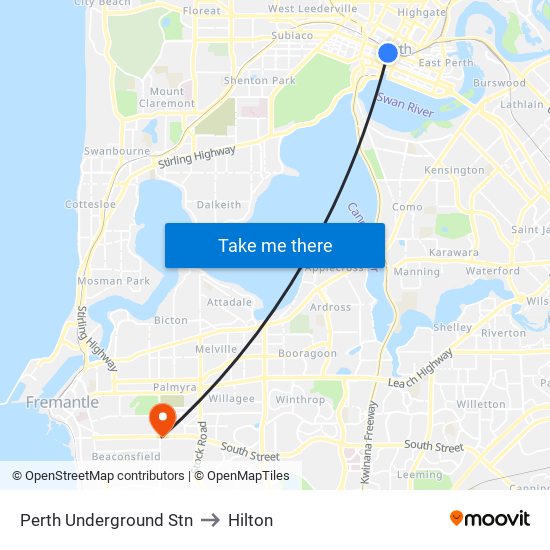 Perth Underground Stn to Hilton map