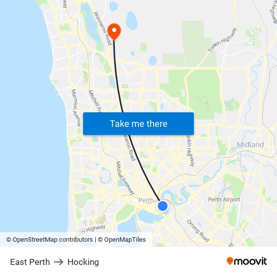 East Perth to Hocking map