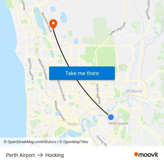 Perth Airport to Hocking map