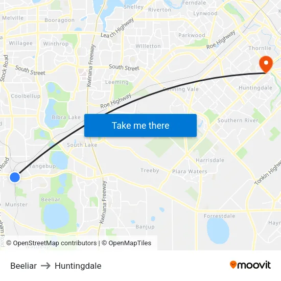 Beeliar to Huntingdale map