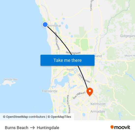 Burns Beach to Huntingdale map