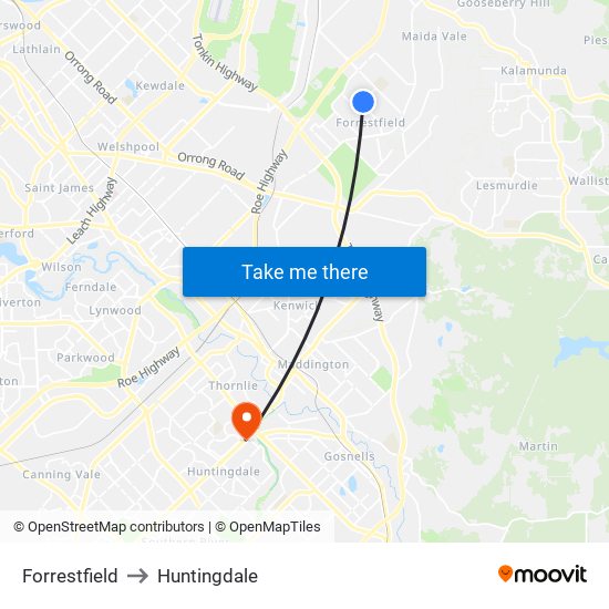 Forrestfield to Huntingdale map