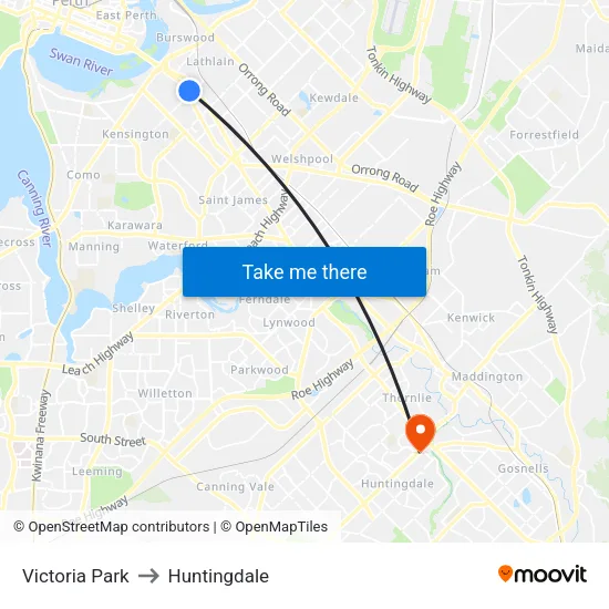 Victoria Park to Huntingdale map