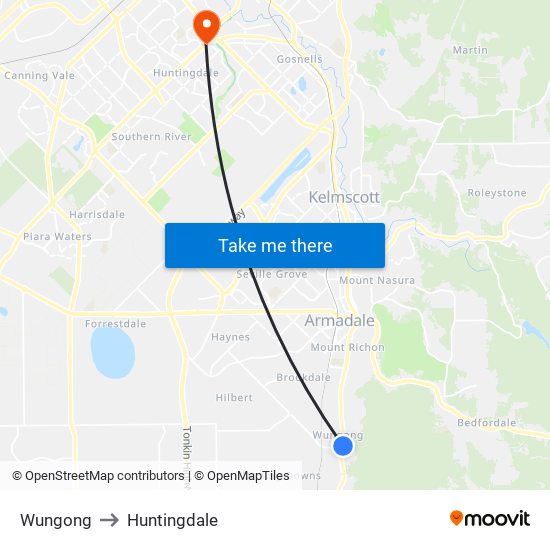 Wungong to Huntingdale map