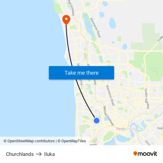 Churchlands to Iluka map