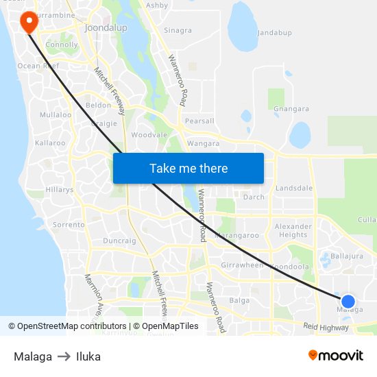 Malaga to Iluka map