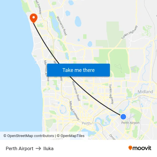 Perth Airport to Iluka map