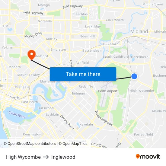 High Wycombe to Inglewood map