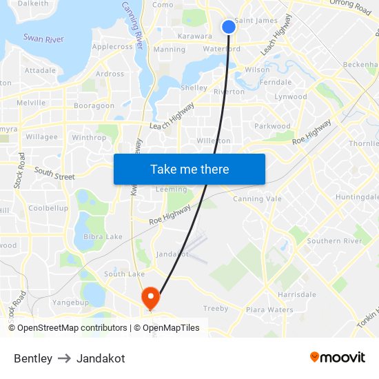 Bentley to Jandakot map