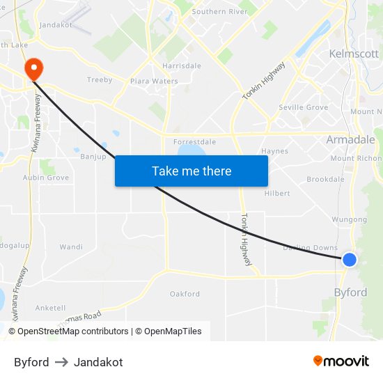 Byford to Jandakot map