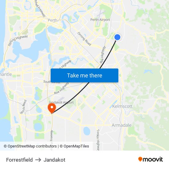 Forrestfield to Jandakot map