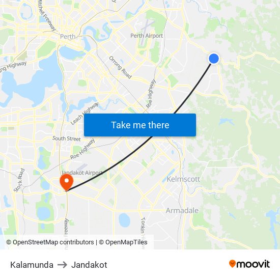 Kalamunda to Jandakot map