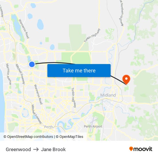 Greenwood to Jane Brook map