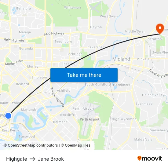 Highgate to Jane Brook map