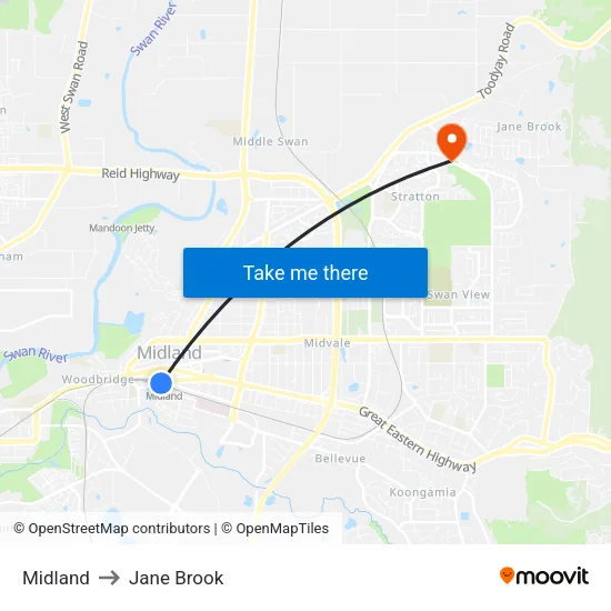 Midland to Jane Brook map