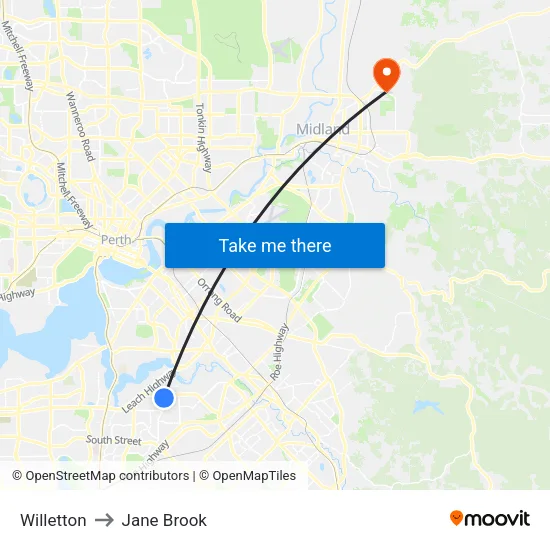 Willetton to Jane Brook map
