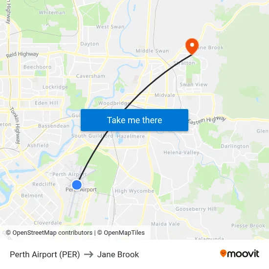 Perth Airport (PER) to Jane Brook map