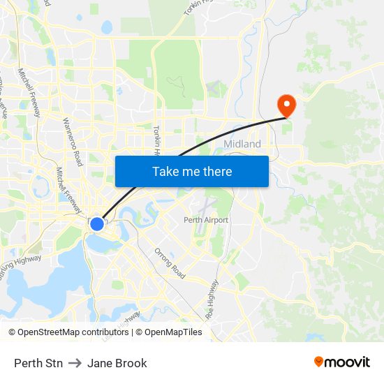 Perth Stn to Jane Brook map