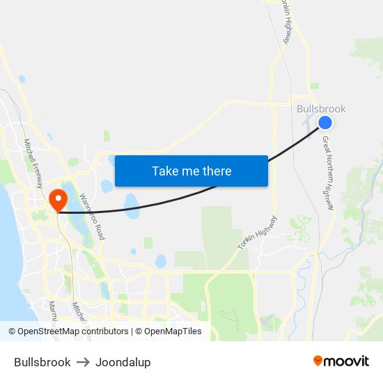 Bullsbrook to Joondalup map