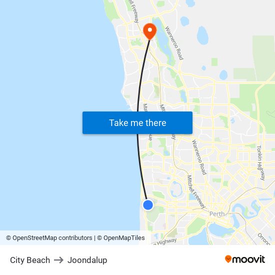 City Beach to Joondalup map