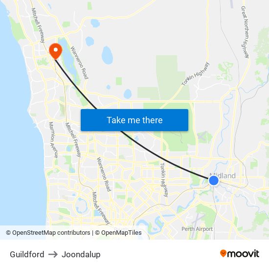 Guildford to Joondalup map