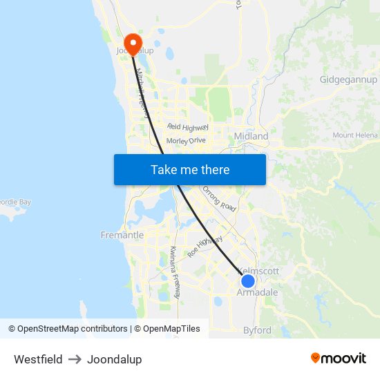 Westfield to Joondalup map