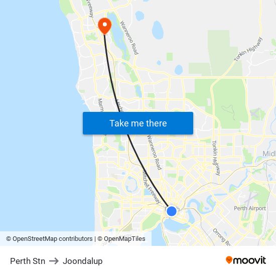 Perth Stn to Joondalup map