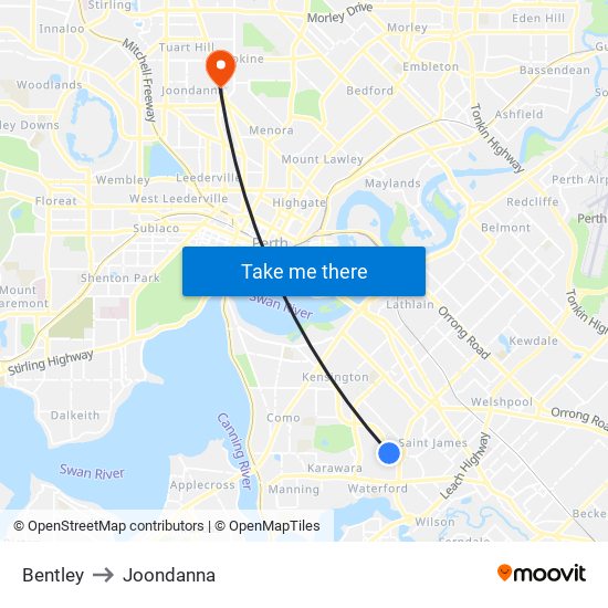 Bentley to Joondanna map