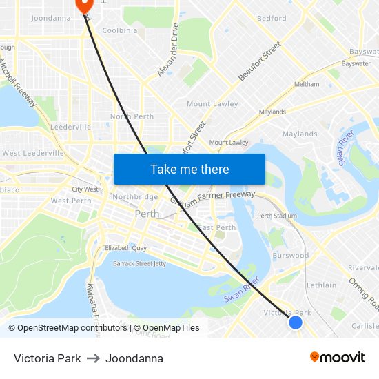 Victoria Park to Joondanna map