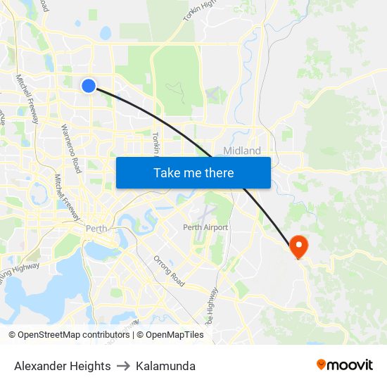 Alexander Heights to Kalamunda map