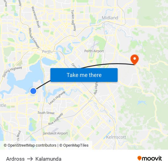 Ardross to Kalamunda map