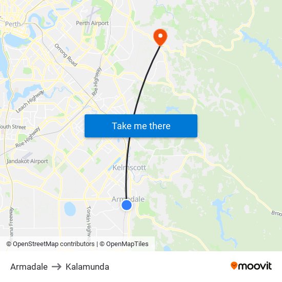 Armadale to Kalamunda map