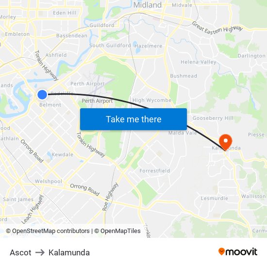 Ascot to Kalamunda map