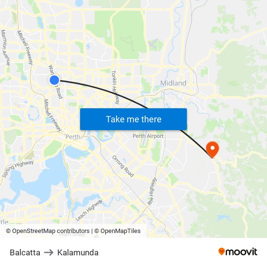 Balcatta to Kalamunda map