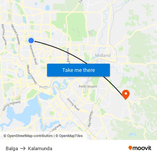 Balga to Kalamunda map