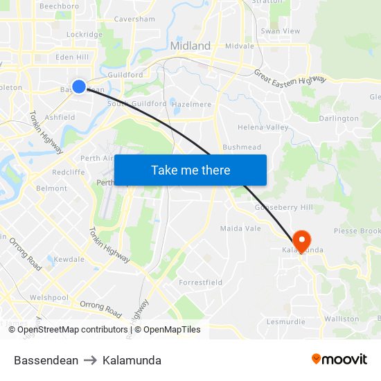 Bassendean to Kalamunda map