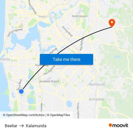 Beeliar to Kalamunda map