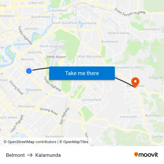 Belmont to Kalamunda map