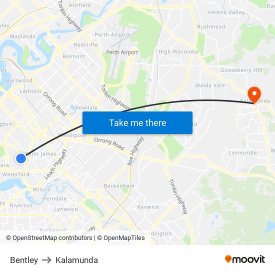 Bentley to Kalamunda map