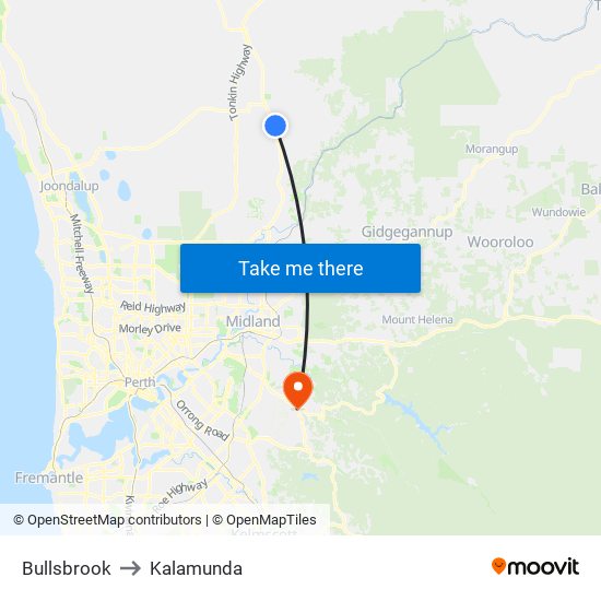 Bullsbrook to Kalamunda map
