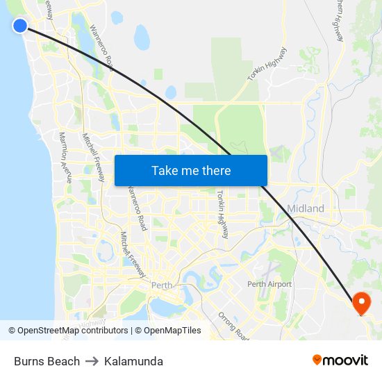 Burns Beach to Kalamunda map