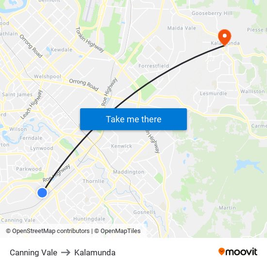 Canning Vale to Kalamunda map